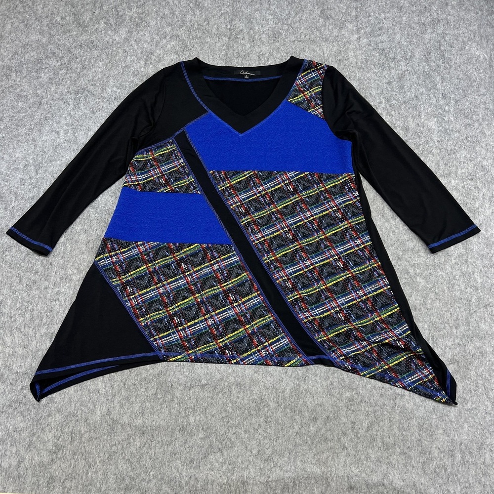 Calessa Tunic Blouse Womens L Black Blue Plaid Asymmetrical Hem Stretch Top
